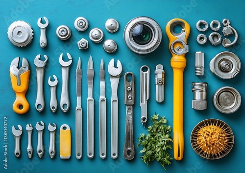 Various mechanical tools and parts arranged on a teal surface