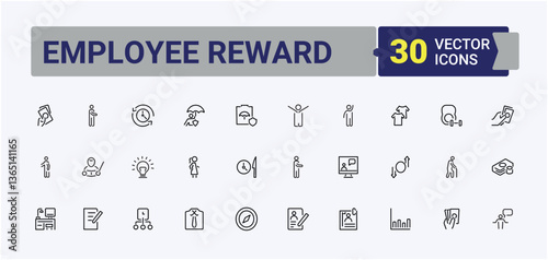Employee Reward icon set. Contains outline symbols like employee benefit, benefit, bonus, gift, reward and more. Benefits vector line icon set. Web icons pack. Editable vector illustration.