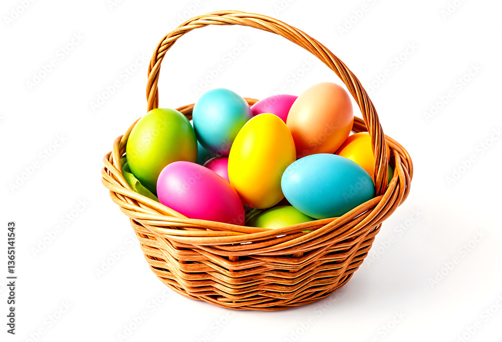 Naklejka premium wicker basket with colorful Easter eggs, on a white background, isolated