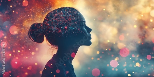 Creative representation of a woman's profile with vibrant abstract background symbolizing thoughts and ideas