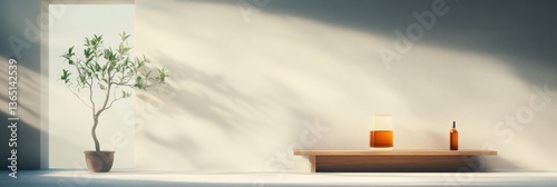 Sunlit minimalist room, plant, drink, shelf