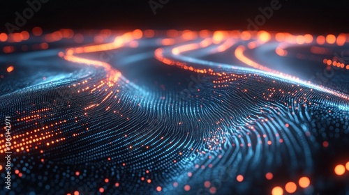 Abstract wavy pattern of glowing particles, dark background
