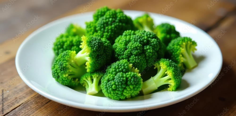 Crisp broccoli crowns arranged neatly on a clean white plate atop aged wood , wood, table, clean eating Crisp broccoli crowns arranged neatly on a clean white plate atop aged wood , wood, table, clean eating