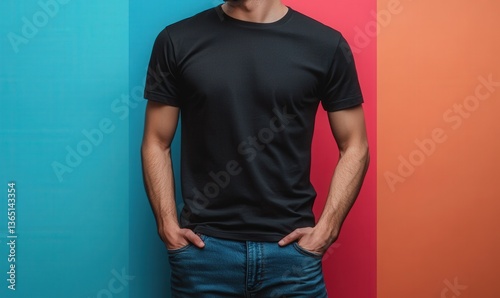 Young man in casual attire stands in front of a vibrant, multicolored backdrop.