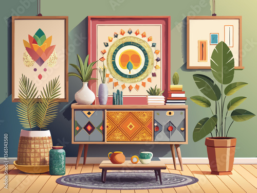 vector of Mock up poster frame in boho style decorated living room. Modern, authentic Interior design of living room with wooden furnitures. 3D illustration
