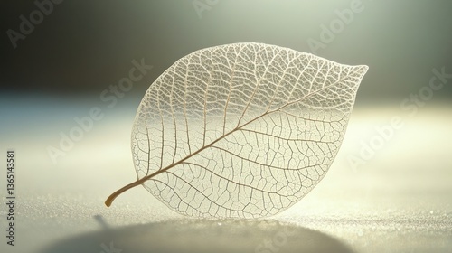 Delicate, translucent leaf rests on a softly lit surface, showcasing intricate vein patterns
