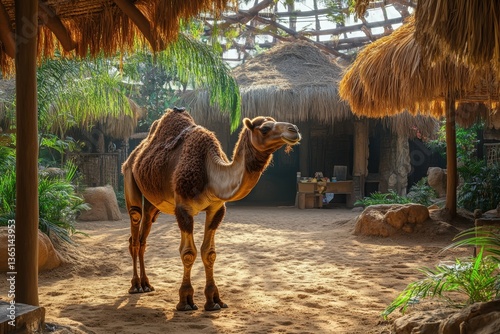 Portrait of Bactrian camel in a zoo. Hairy brown funny camel with open mouth outdoor close-up. Beautiful simple AI generated image