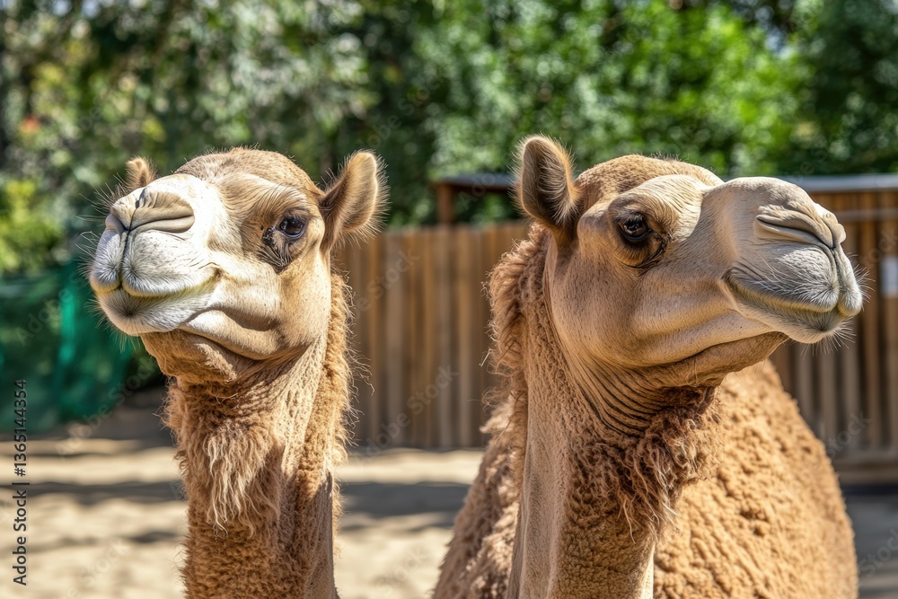 Obraz premium Closeup of a yellow-furred camel pouts in a display of its lower lip, in a zoo in Sydney, Australia. Beautiful simple AI generated image