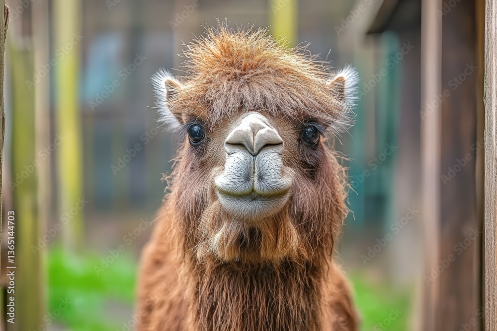 Fototapeta premium Closeup of a yellow-furred camel pouts in a display of its lower lip, in a zoo in Sydney, Australia. Beautiful simple AI generated image