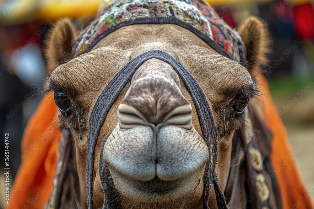 Fototapeta premium Closeup of a yellow-furred camel pouts in a display of its lower lip, in a zoo in Sydney, Australia. Beautiful simple AI generated image