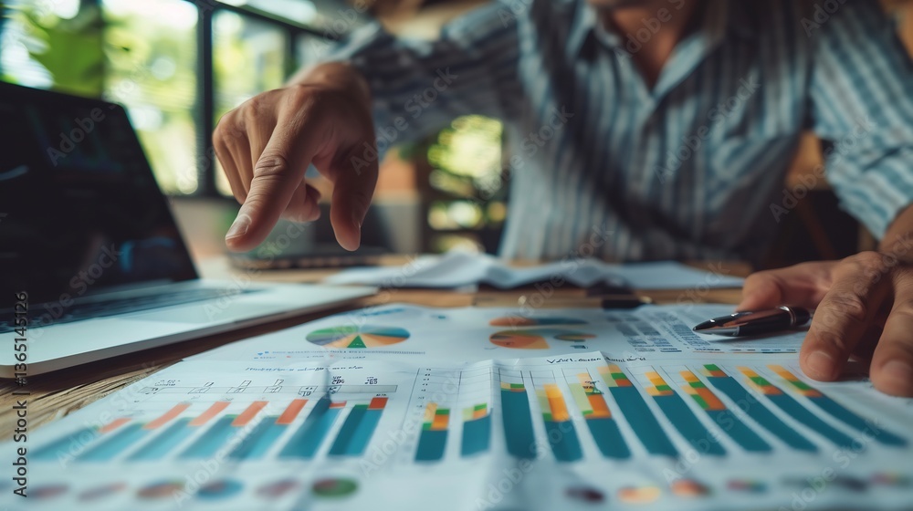Fototapeta premium Collaborative financial strategy session with an expert pointing at growth charts discussing wealth management and future financial goals