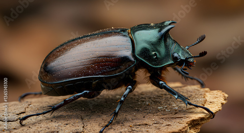 Close-up portrait of a diabolical ironclad beetle with textured surface details