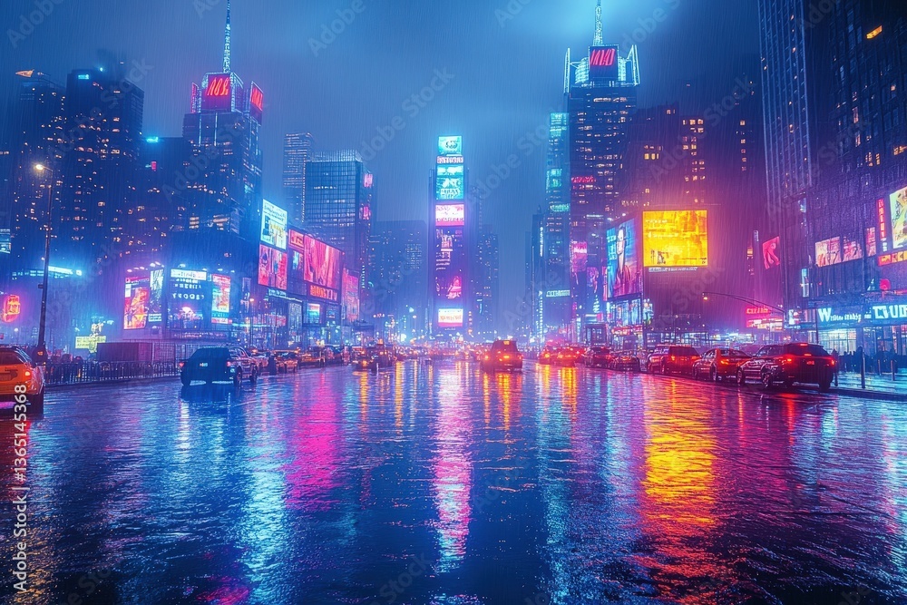 Fototapeta premium Vibrant Neon Cityscape Showcasing Futuristic Architecture, Dynamic Flying Vehicles, and Colorful Billboards at Dusk