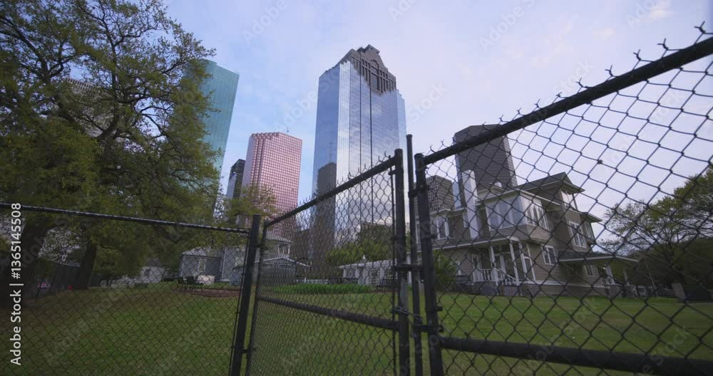 Houston Cityscape Framed by Sam Houston Park – Stunning Establishing Shot