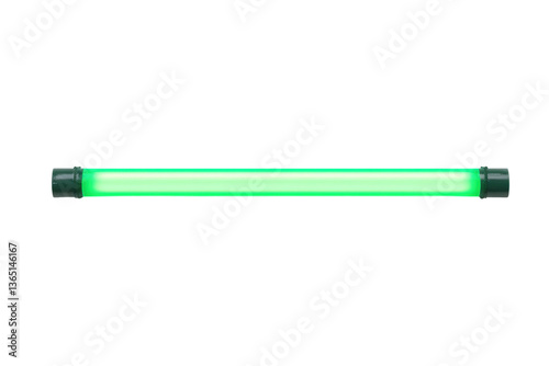 Bright green neon light tube on black background displaying luminous glow, cut out
