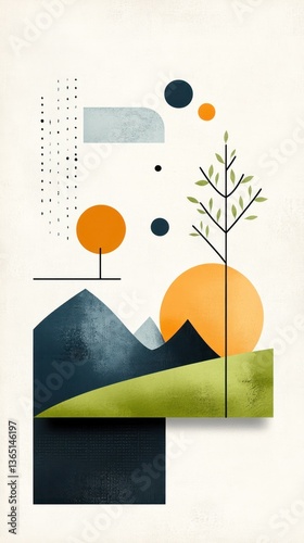 Abstract landscape with stylized trees, mountains, and sun