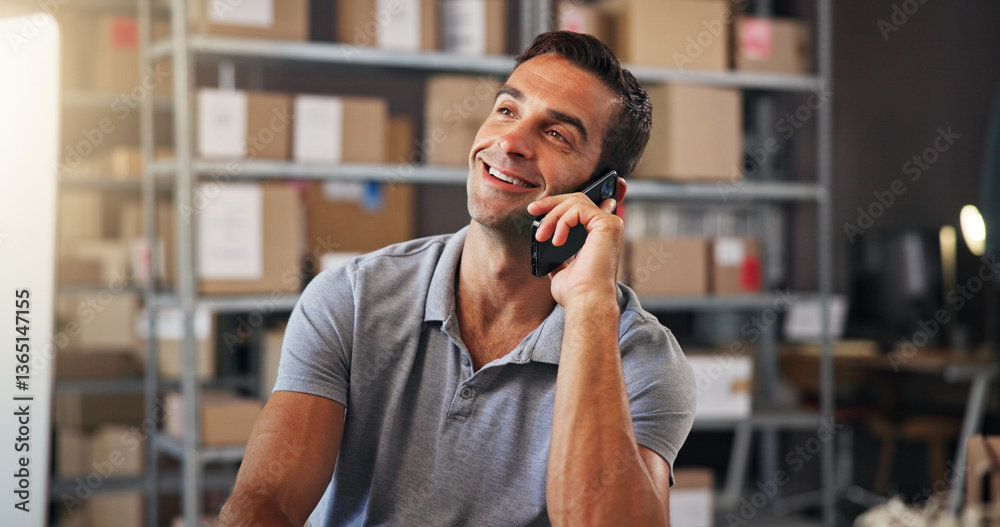 Logistics, phone call and smile with man in warehouse for communication or update. Boxes, conversation and supply chain with employee in distribution office for delivery, ecommerce or shipping Logistics, phone call and smile with man in warehouse for communication or update. Boxes, conversation and supply chain with employee in distribution office for delivery, ecommerce or shipping