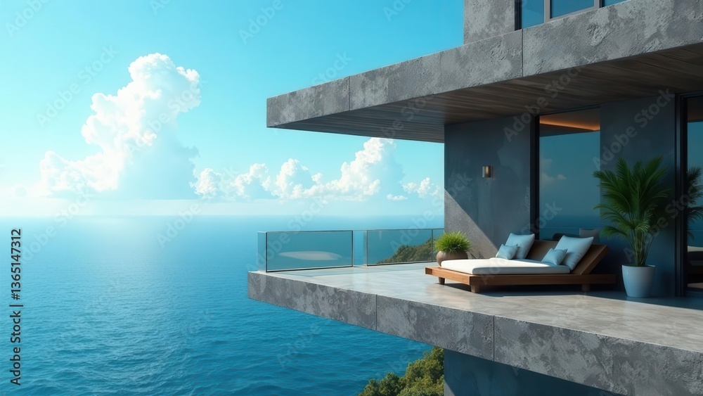 Fototapeta premium Oceanfront Relaxation Modern Architectural Design Balcony with Daybed and Tranquil Sea View