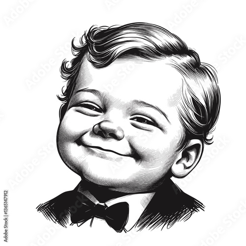 Tiny Thinker, Big Dreams smart baby boy cool black and white line art drawing ink sketch vector hand drawn illustration background