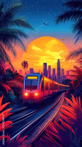 Train journeys sunset cityscape tropical palm trees vibrant colors digital art