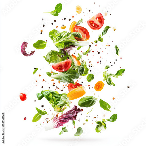 Salad ingredients including tomatoes and lettuce leaves floating in air