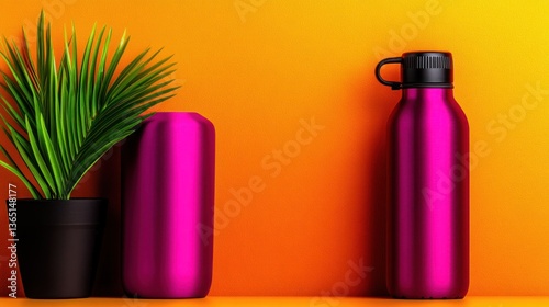 Vibrant pink metallic containers and tropical plant against a bright orange background