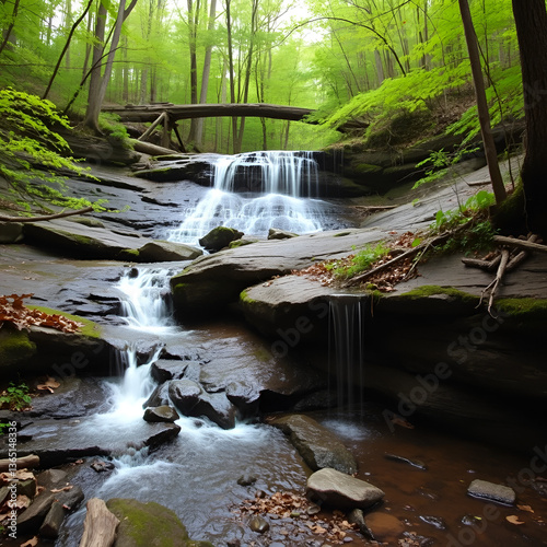 shamokin waterfall springs nature preserve by river stream and water flowing on hiking trail in wintergreen resort virginia