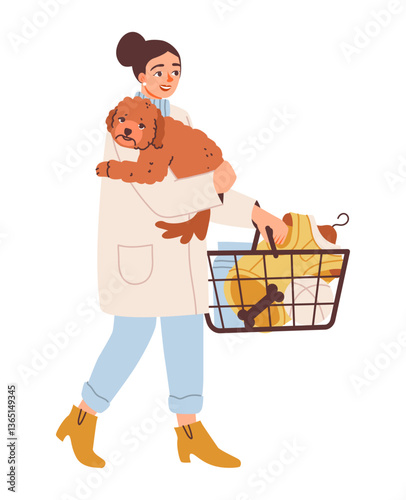 Woman shopping with dog in a store. Pet care, retail activities, and pet owner. Flat illustration.