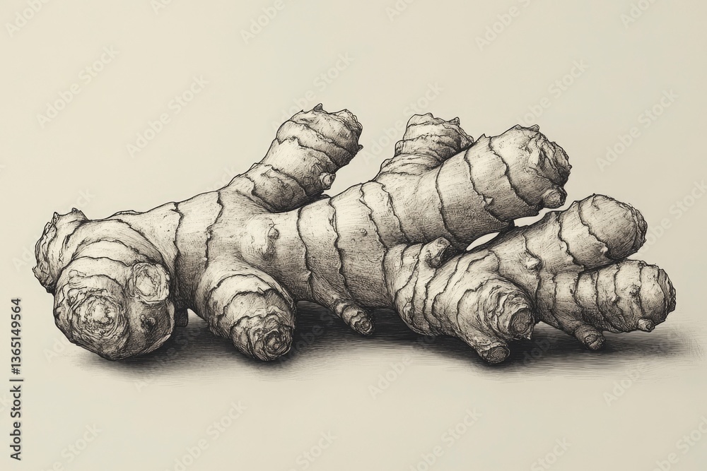Fototapeta premium Detailed illustration of ginger root on a neutral background, showcasing its intricate textures and shapes