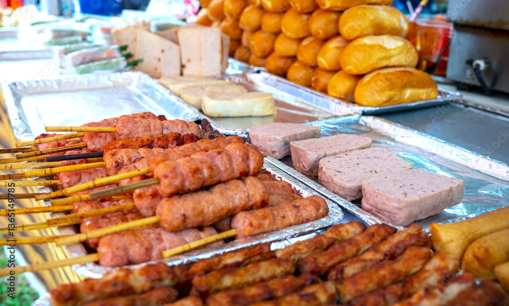 Nem lui fue, grilled minced pork sausages on lemongrass skewers, Vietnamese cuisine