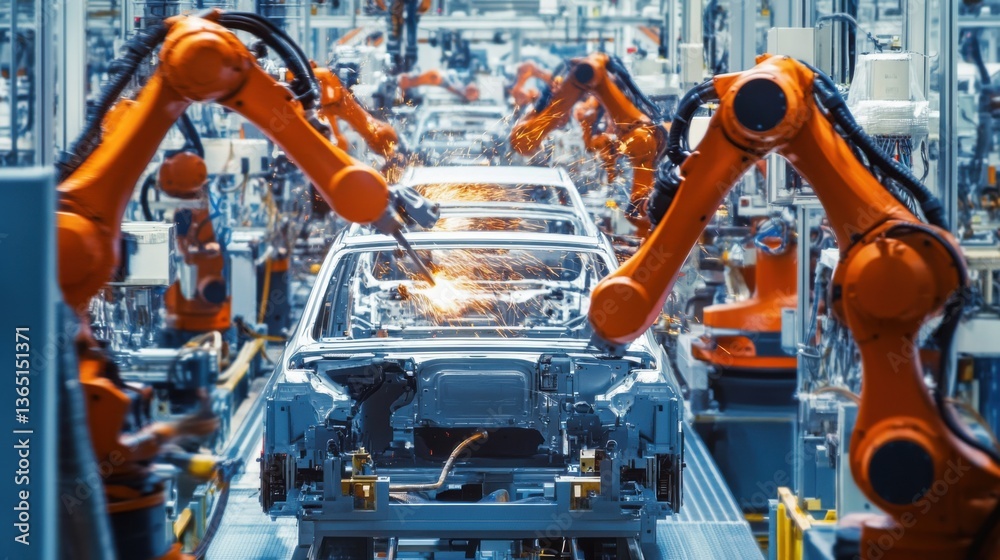 A high tech AI powered automotive factory, robotic arms assembling electric vehicles, Industrial style A high tech AI powered automotive factory, robotic arms assembling electric vehicles, Industrial style