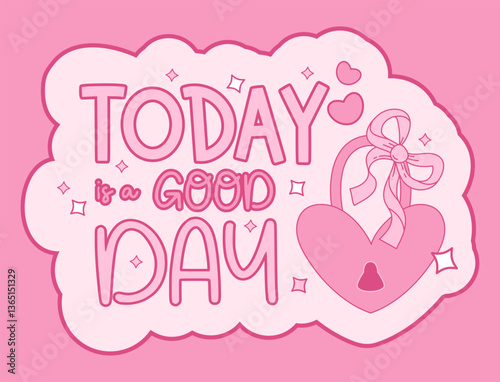 Vintage Groovy Quote Lettering with Pink Coquette Ribbon Bow on Padlock of love. Cool Romantic Girly Vibe. Trendy Aesthetic Motivational inscription sticker. Vector illustration