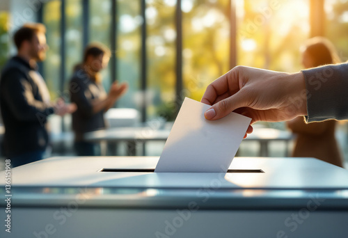Close-Up of Voter Hand Dropping Ballot into Box with Sunlight Streaming into Polling Station and People Standing in Background
