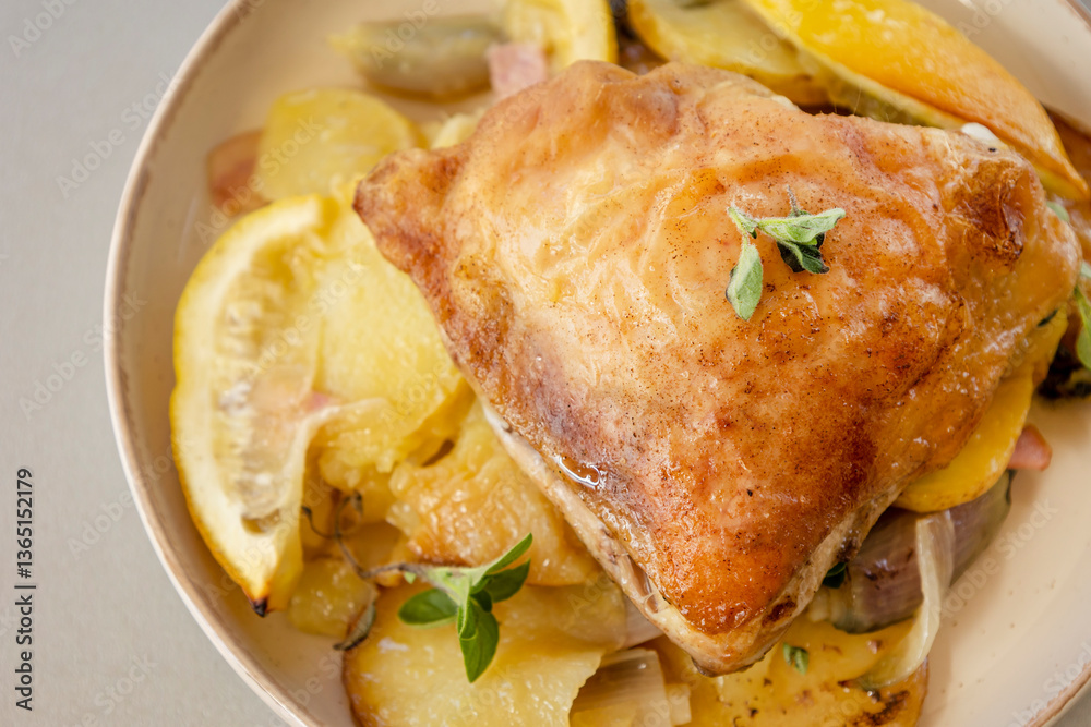 roasted chicken thighs in a bowl with lemon potatoes and shallots close-up roasted chicken thighs in a bowl with lemon potatoes and shallots close-up