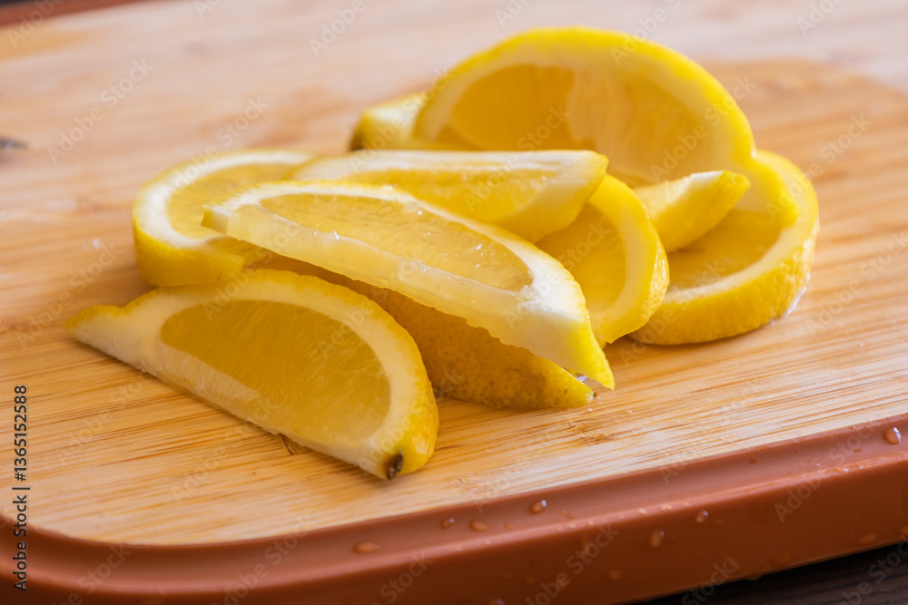 fresh lemon slices on wooden cutting board close-up fresh lemon slices on wooden cutting board close-up