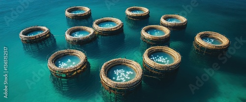 Aerial view of numerous circular structures floating on teal water.  Appears to be an aquaculture operation