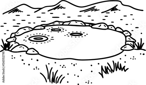 desert oasis clipart illustration with mountains, pond, rocks, and sparse vegetation
