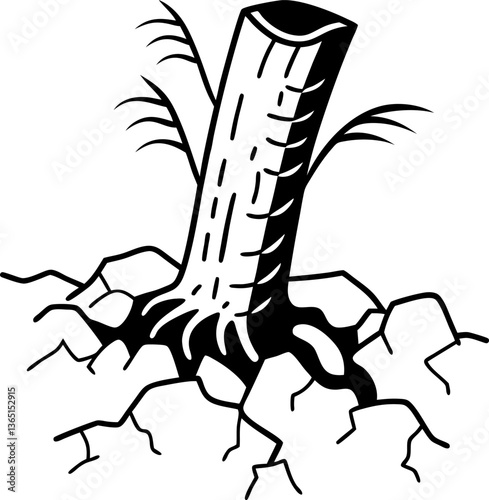 Tree stump on cracked earth nature illustration depicting deforestation effects, barren landscape