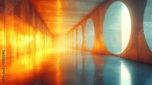 A long, reflective corridor with circular windows, illuminated by warm and cool light