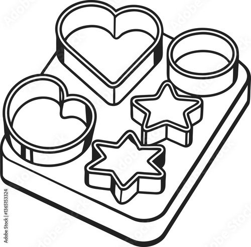 set of heart, star, and circle cookie cutters on tray outline kitchen tools for baking