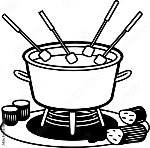 Fondue pot with skewers and melted cheese, surrounded by bread slices and ingredients swiss cuisine