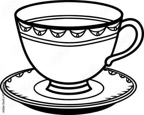 elegant tea cup black and white illustration with saucer, classic ornate design for vintage elegance