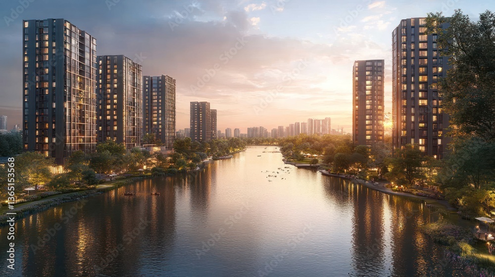Obraz premium Serene sunset over a tranquil waterway, flanked by modern high-rise buildings