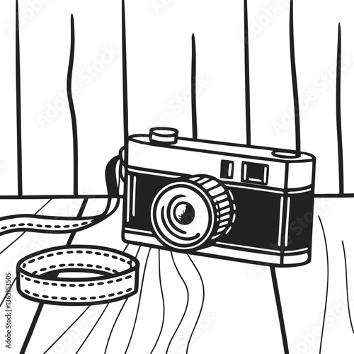 Vintage camera drawing on wooden table retro theme, monochrome art