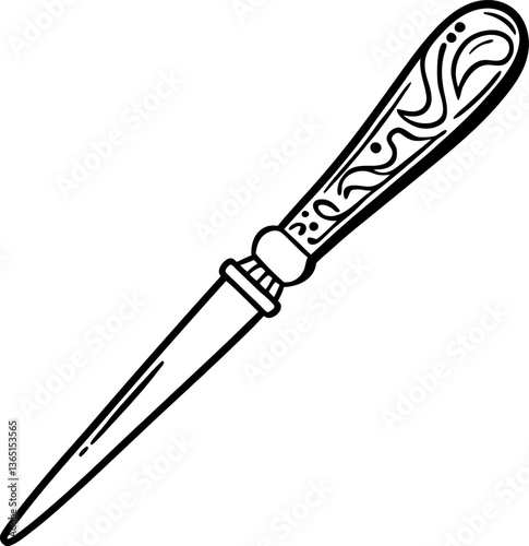 elegant intricate letter opener illustration, vintage ornate design antique desk accessory, detailed handle art