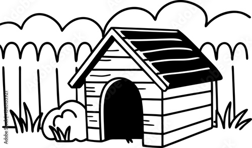 Simple doghouse illustration with wooden structure and grass background, minimalist design