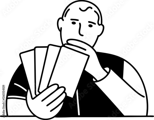 Illustration of a focused card player concentrating with cards in hand