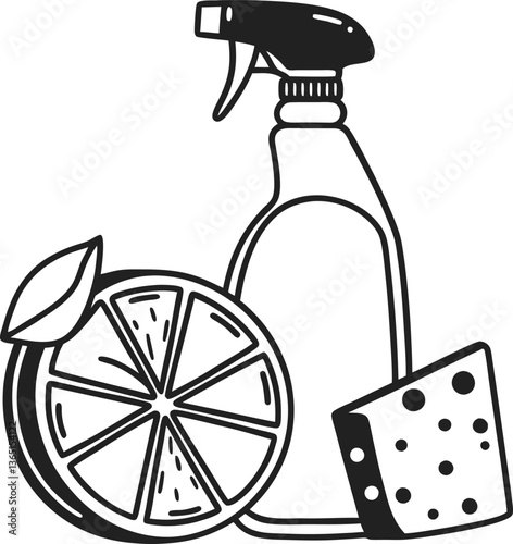 eco friendly cleaning tools citrus slice, spray bottle, and sponge for natural home cleaning