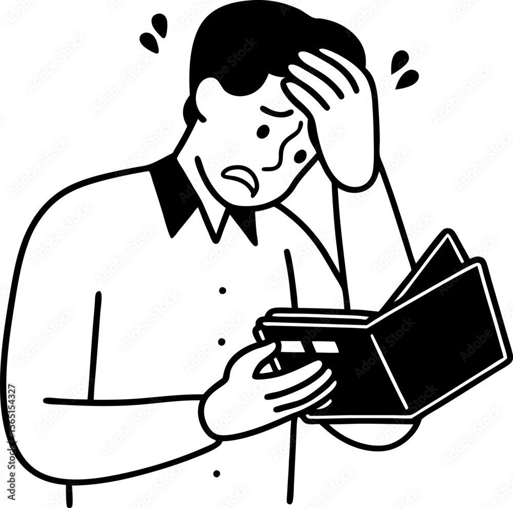 Obraz premium Worried man looking at empty wallet, financial stress concept,