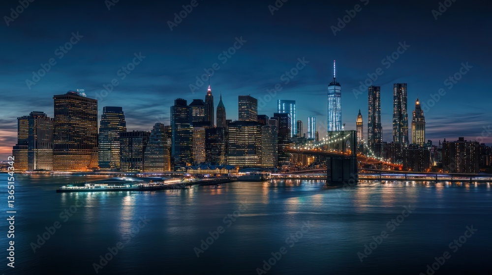 Naklejka premium NYC Skyline at Night with Bridge